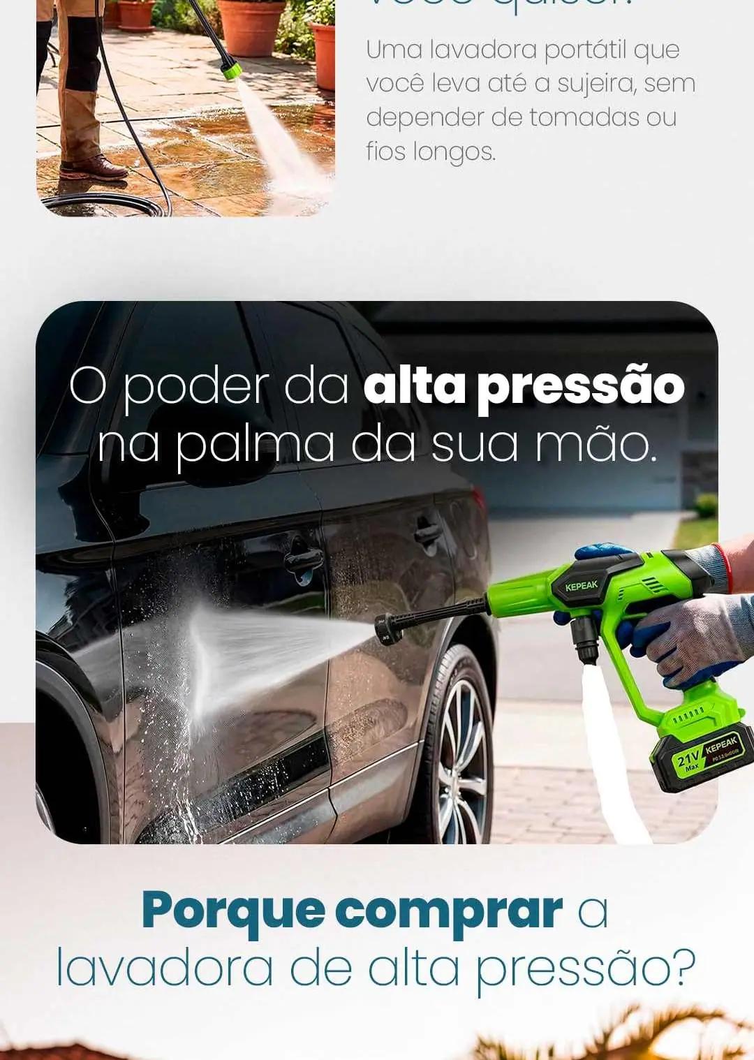 Potência para limpar onde você quiser: uma lavadora portátil que você leva até a sujeira, sem depender de tomadas ou fios longos. O poder da alta pressão na palma da sua mão
