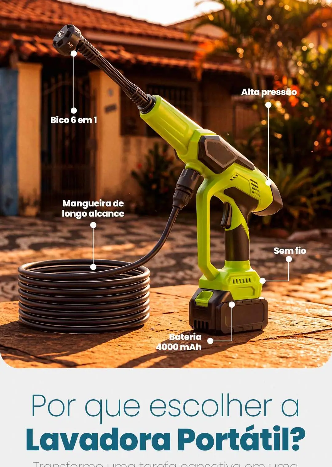 Por que comprar a lavadora de alta pressão: bico 6 em 1, alta pressão, mangueira de longo alcance, sem fio e bateria de 4000 mAh