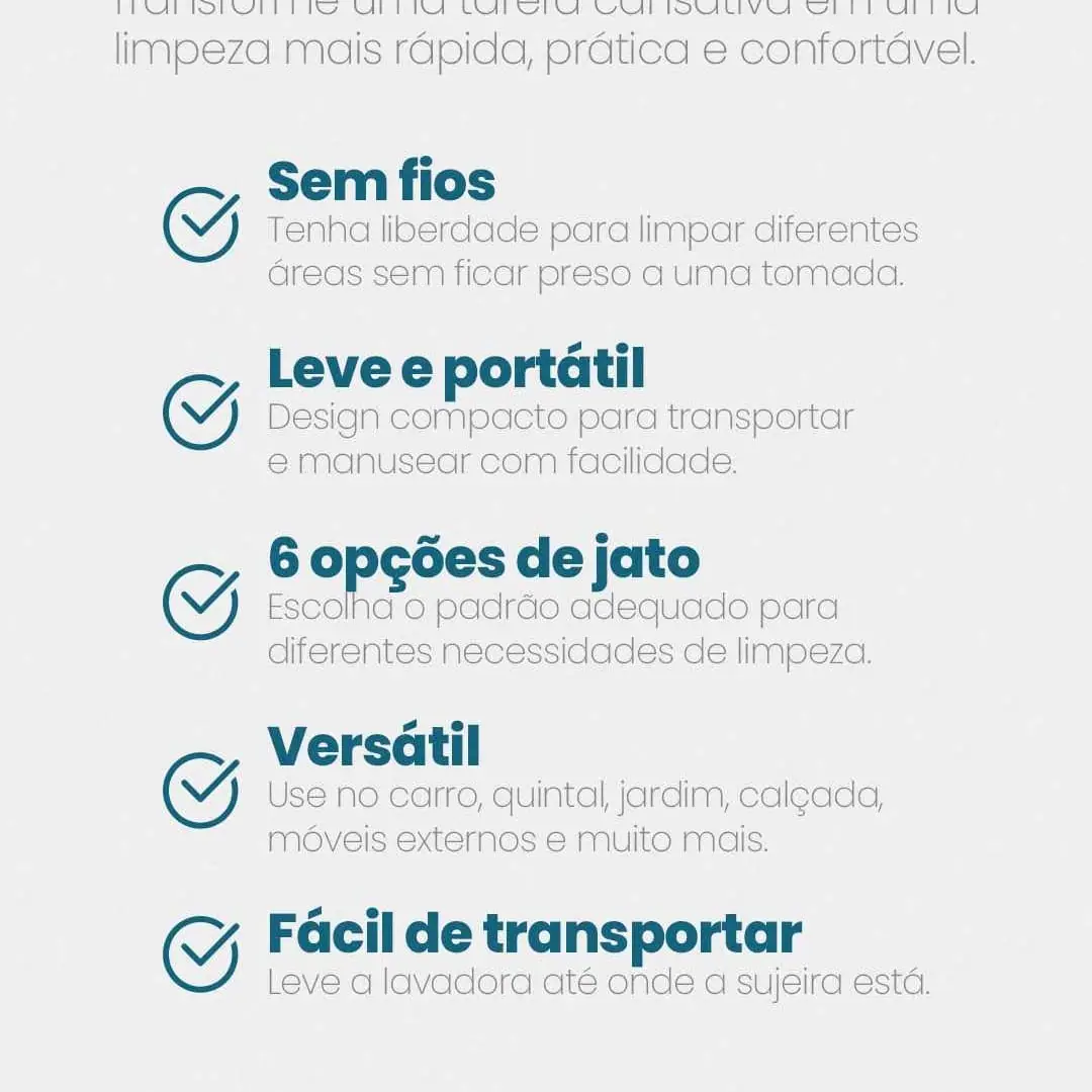 Por que escolher a lavadora portátil: sem fios, leve e portátil, 6 opções de jato, versátil e fácil de transportar