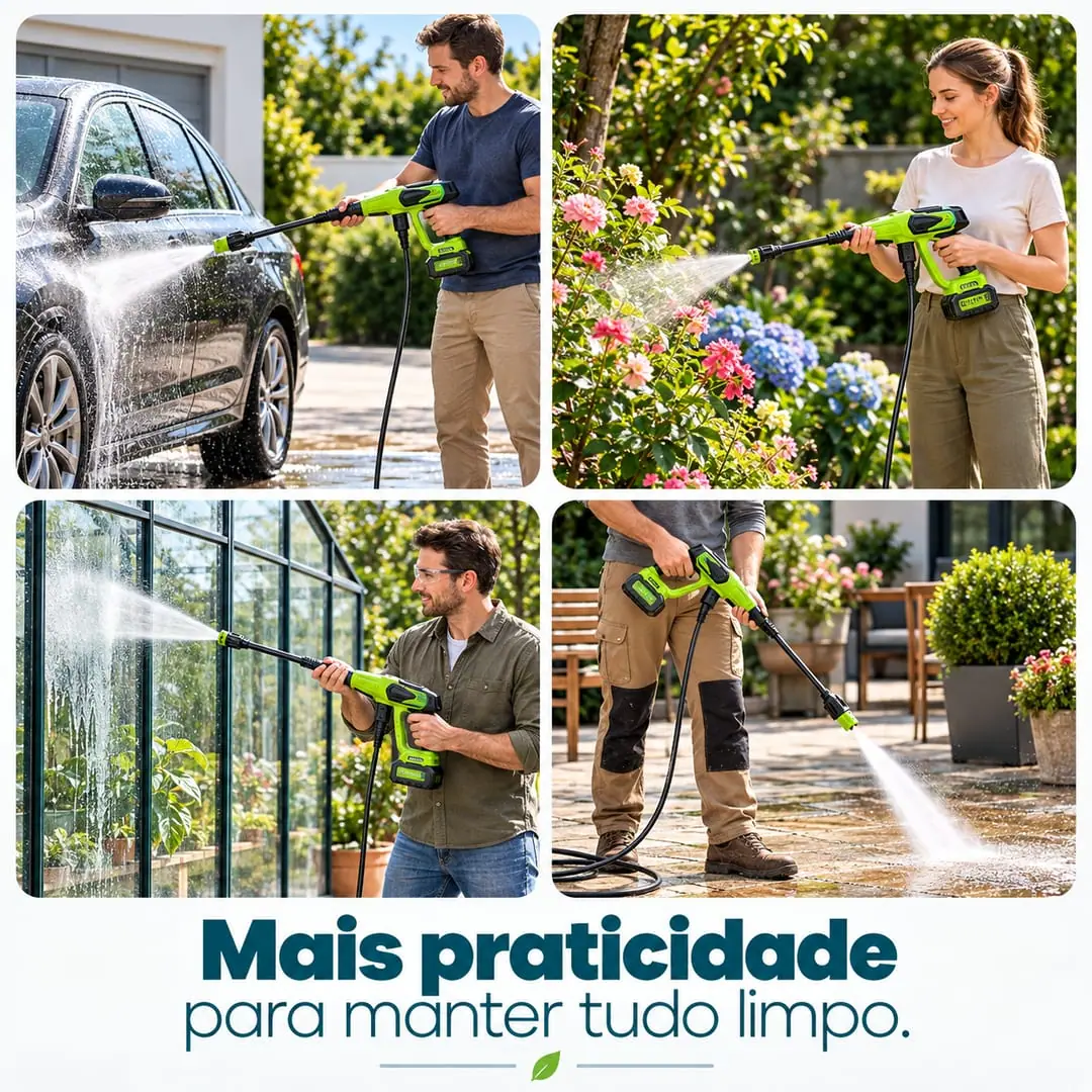 Mais praticidade para manter tudo limpo: lavadora em uso no carro, no jardim, na estufa e no pátio