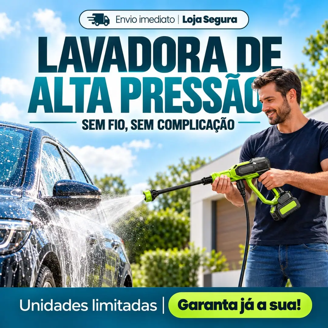 Lavadora de alta pressão sem fio, sem complicação: homem lavando o carro no quintal. Envio imediato, loja segura. Unidades limitadas, garanta já a sua